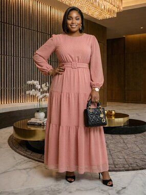 Maria Belted Dobby Dress - Dusty Pink